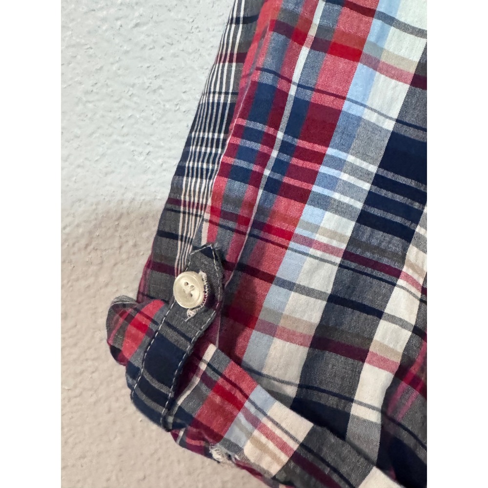 Catherines Womens 3X Plaid Henley Blouse Red Blue 3/4 Roll Tab Sleeve Top - Picture 6 of 11